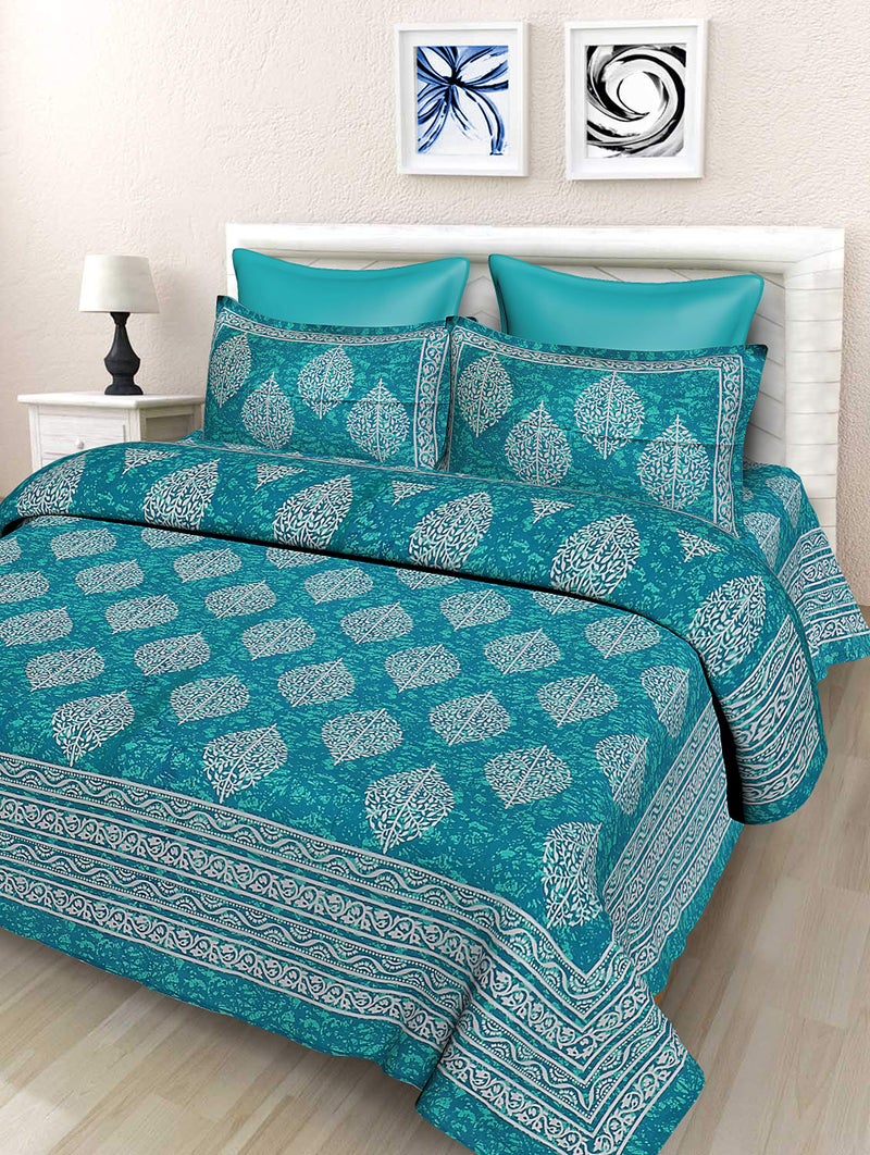 SheetKart 144 TC Cotton Printed Jaipuri Bedsheet Double Bed with 2 Pillow Covers, Sea Green, 144-200 tc - Image 1