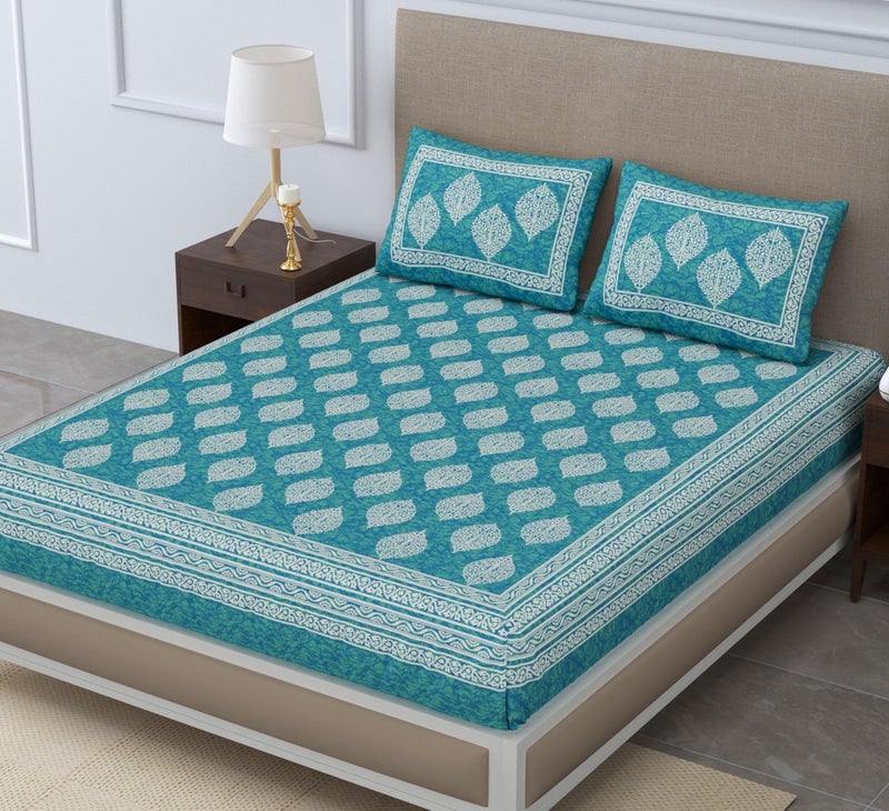 SheetKart 144 TC Cotton Printed Jaipuri Bedsheet Double Bed with 2 Pillow Covers, Sea Green, 144-200 tc - Image 4