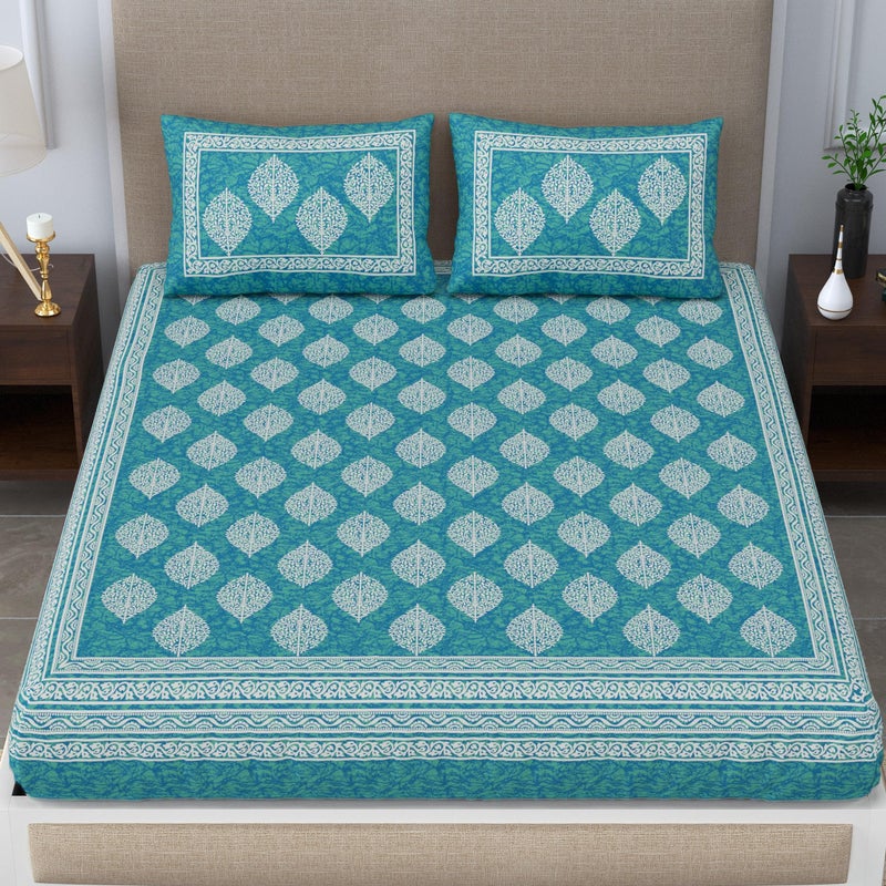 SheetKart 144 TC Cotton Printed Jaipuri Bedsheet Double Bed with 2 Pillow Covers, Sea Green, 144-200 tc - Image 3