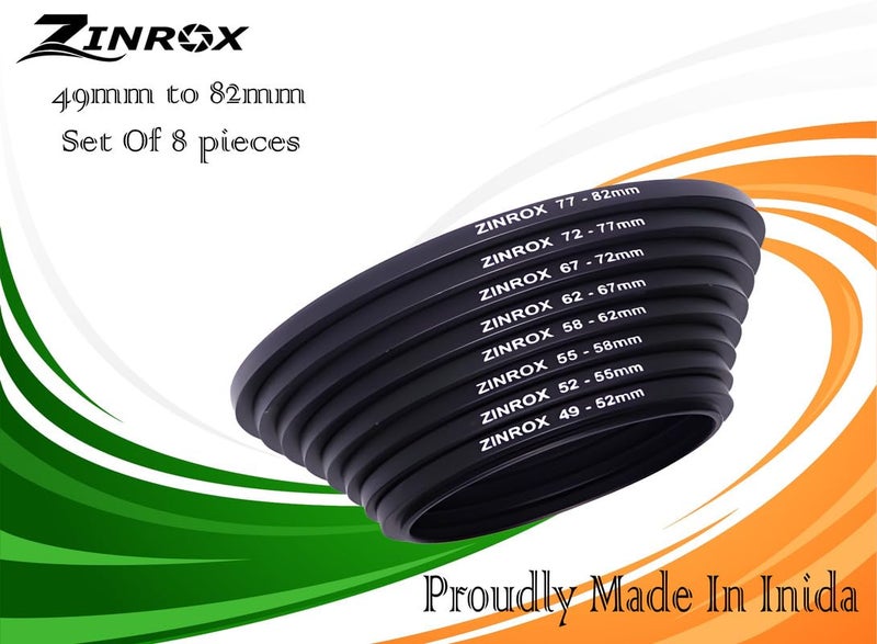 ZINROX® Stepping up ' Made in India', Set of 8pcs, Sizes: 49-52mm, 52-55mm, 55-58mm, 58-62mm, 62-67mm, 67-72mm, 72-77mm, 77-82 mm - Black Step Up Ring Set (49mm to 82 mm) - Image 5
