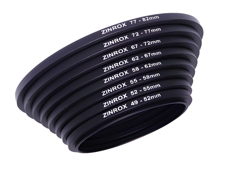 ZINROX® Stepping up ' Made in India', Set of 8pcs, Sizes: 49-52mm, 52-55mm, 55-58mm, 58-62mm, 62-67mm, 67-72mm, 72-77mm, 77-82 mm - Black Step Up Ring Set (49mm to 82 mm) - Image 1