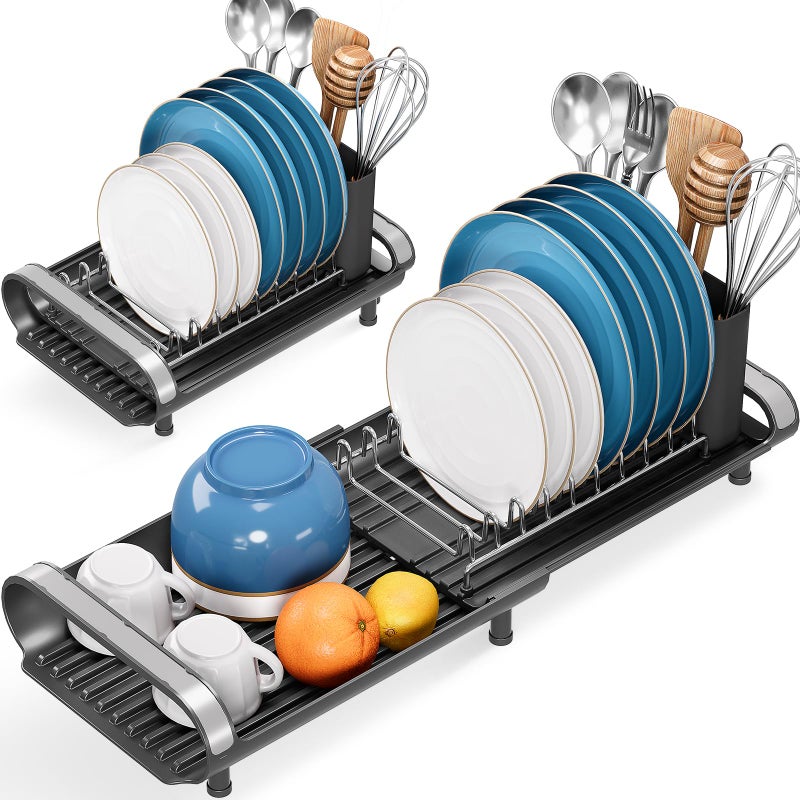 TOOLF Small Dish Drying Rack, Mini Expandable Compact Dish Rack, Slim Extendable Stainless Steel Dish Drainer for Kitchen Plate Storage, Space Saving Dish Strainer in Sink or on Home Countertop, Black - Image 1
