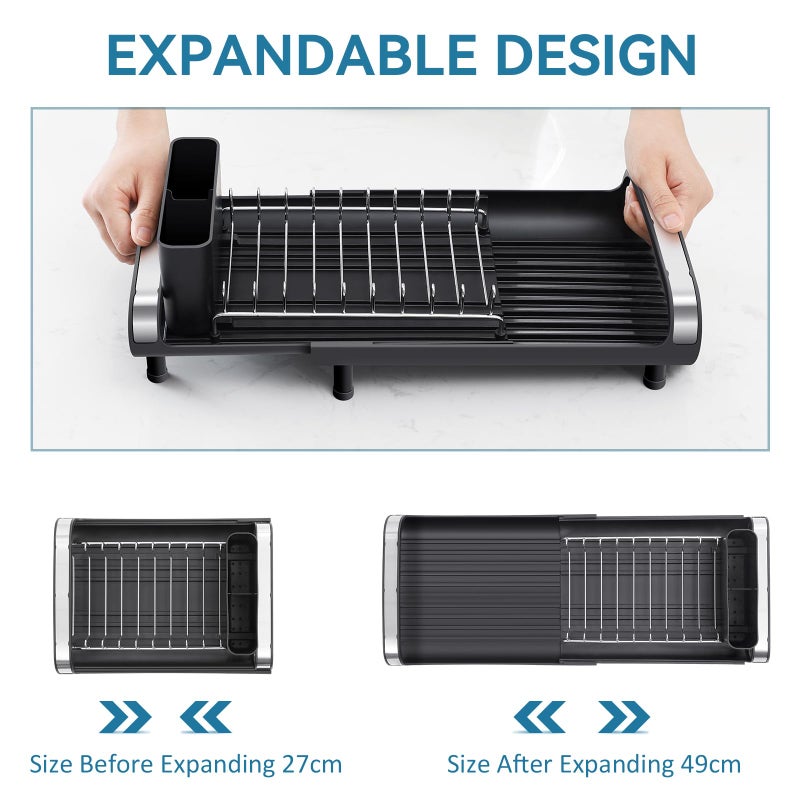 TOOLF Small Dish Drying Rack, Mini Expandable Compact Dish Rack, Slim Extendable Stainless Steel Dish Drainer for Kitchen Plate Storage, Space Saving Dish Strainer in Sink or on Home Countertop, Black - Image 2