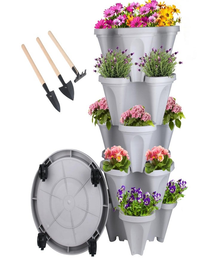 GameXcel Vertical Planter 5 Tier Stackable Planters Garden Planters Strawberry Herb Flower and Vegetable Planter Indoor Outdoor Gardening Pots with Removable Wheels and Tools - Image 1