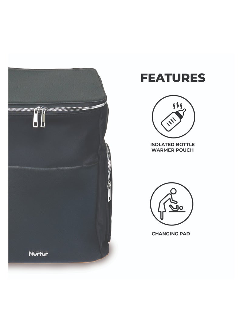 Nurtur Nurtur Aura Maternity Diaper Bag PU Leather and Nylon Fashion Bagpack Bag Multifunction Travel Bag with insulator bottle warming pocket and changing pad - Black  - Image 4