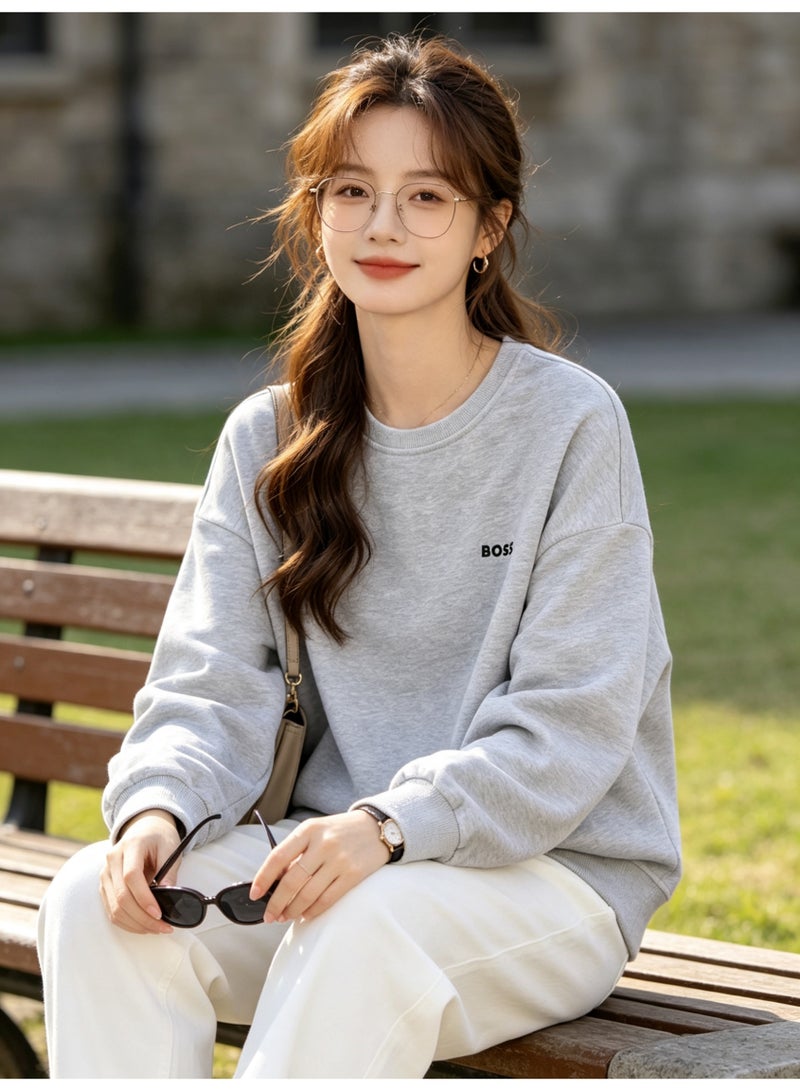 BOSS Men’s and Women’s Crew Neck Sweatshirt Casual Long Sleeve Top Light Grey - Image 3