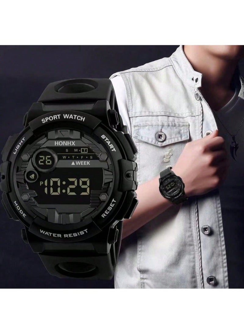 HONHX Men's Digital Sports Watch with Luminous Screen, Stopwatch, Alarm, Black Silicone Strap - Image 2