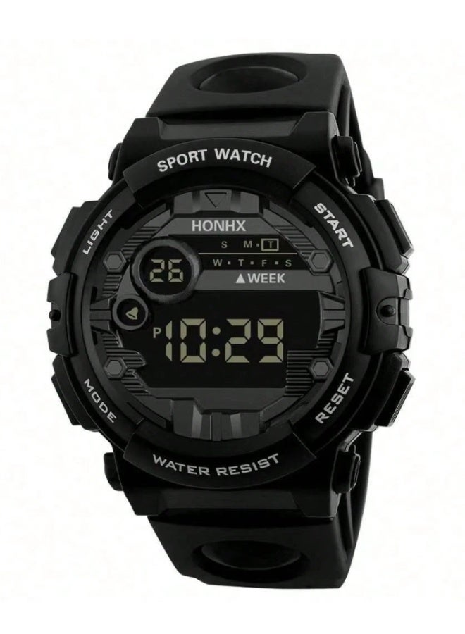 HONHX Men's Digital Sports Watch with Luminous Screen, Stopwatch, Alarm, Black Silicone Strap - Image 1