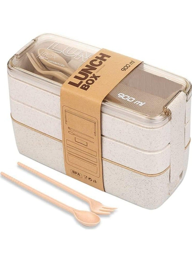 Oasisgalore Bento Lunch Box with Cutlery, 3 Compartments, Leak-Proof and Microwave Safe (Beige)  - Image 2