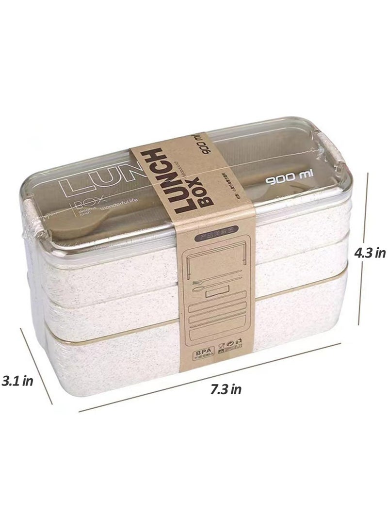 Oasisgalore Bento Lunch Box with Cutlery, 3 Compartments, Leak-Proof and Microwave Safe (Beige)  - Image 3