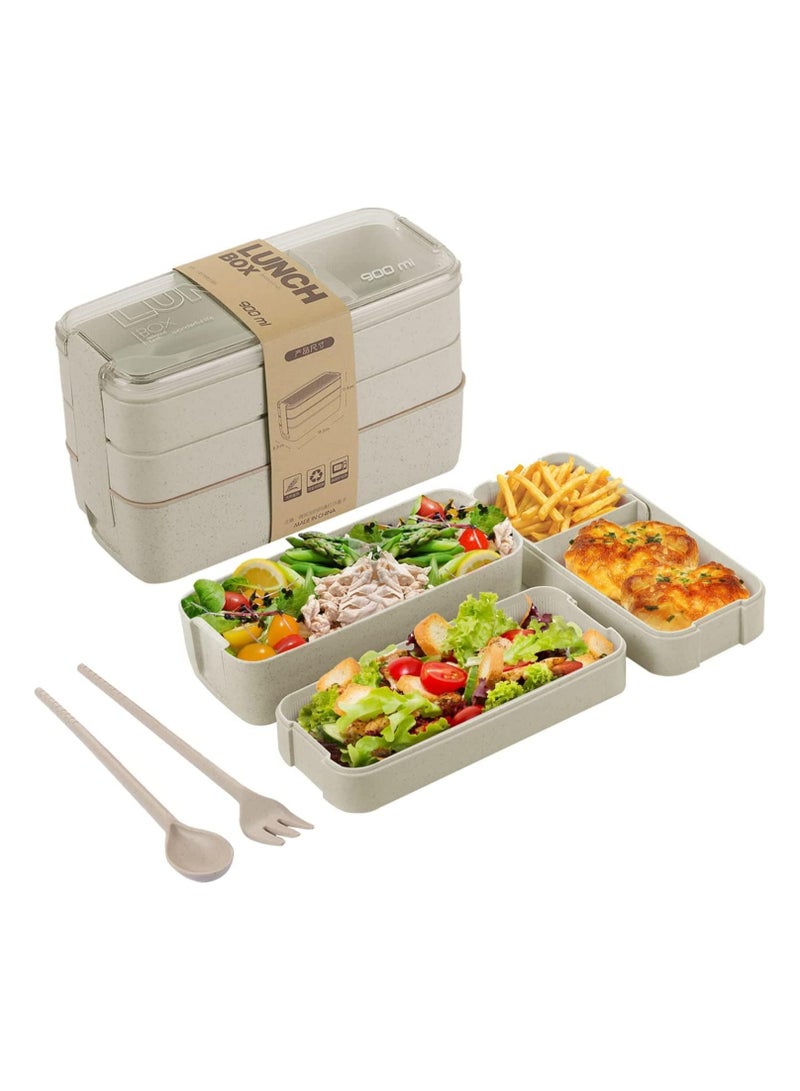 Oasisgalore Bento Lunch Box with Cutlery, 3 Compartments, Leak-Proof and Microwave Safe (Beige)  - Image 1