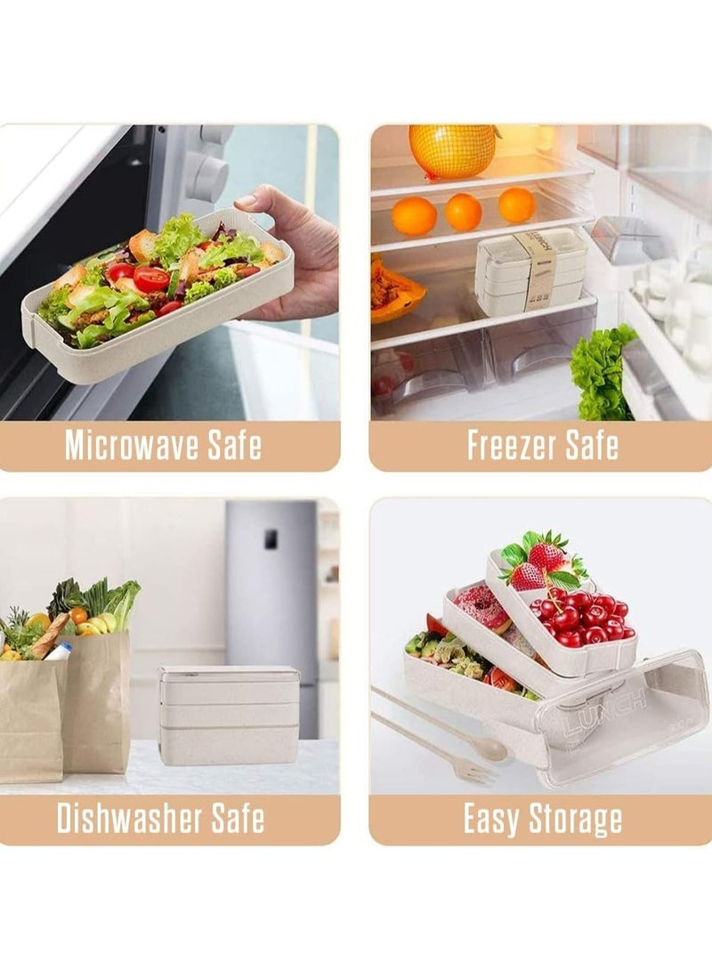 Oasisgalore Bento Lunch Box with Cutlery, 3 Compartments, Leak-Proof and Microwave Safe (Beige)  - Image 4