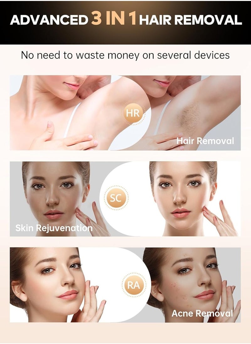 Laser Hair Removal Devices with Cooling System , 3-in-1 At-Home Permanent Hair Removal Device 9 Levels Upgrade 999900 Flashes for Face Armpit Arm Bikini Line Leg Whole Body