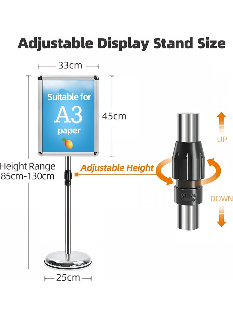 A3 Stainless Steel Adjustable Sign Stand – Silver Floor Poster Display Rack for Menu, Ads, Notices, Restaurants, Shops, Malls, Cinema, 85–130cm (33.5–51.2 inches) - Image 4