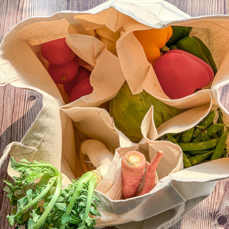 PIXEL HOME Canvas Cotton Tote Bag with 6 Pockets for Grocery Shopping - Eco-friendly and Organic (16"x13"x10") - Image 1
