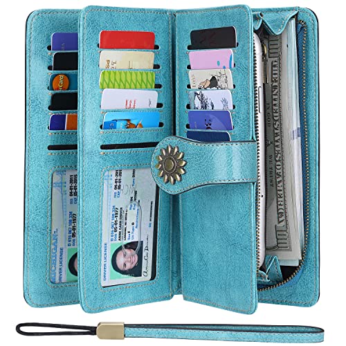 Lavemi Womens Large Capacity Genuine Leather RFID Blocking Wallets Wristlet Clutch Card Holder(Light Green) - Image 1