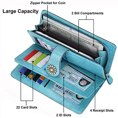 Lavemi Womens Large Capacity Genuine Leather RFID Blocking Wallets Wristlet Clutch Card Holder(Light Green) - Image 5