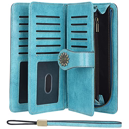 Lavemi Womens Large Capacity Genuine Leather RFID Blocking Wallets Wristlet Clutch Card Holder(Light Green) - Image 3