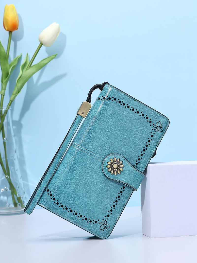 Lavemi Womens Large Capacity Genuine Leather RFID Blocking Wallets Wristlet Clutch Card Holder(Light Green) - Image 2