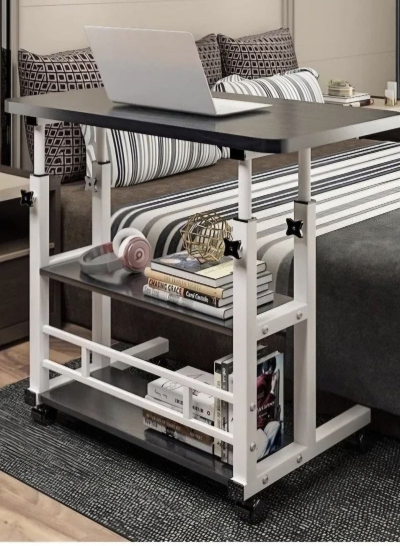 شي ون طاولة لابتوب من SHEE ONE بارتفاع قابل للتعديل وعجلات متحركة | طاولة دراسة متحركة، طاولة طعام على السرير، طاولة قراءة متنقلة، وطاولة بجانب السرير | سطح واسع ورفوف تخزين وقفل للعجلات لمنع الانزلاق | الأبعاد: 85×60 سم و40×60 سم - Image 2