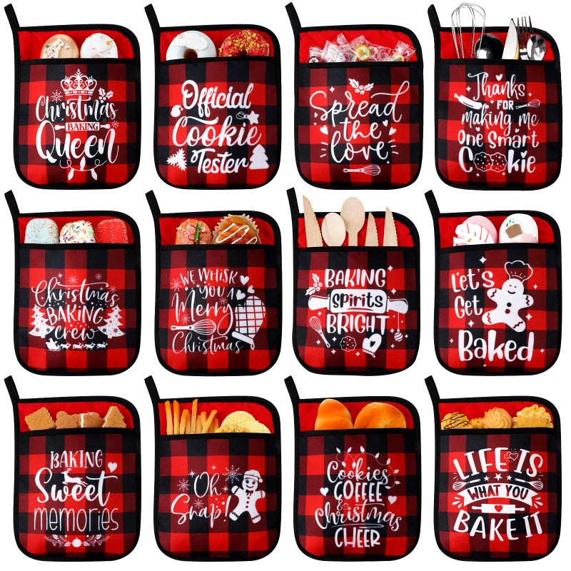 حاملات الأواني لعيد الميلاد 12 قطعة مع قفازات فرن جيب زينة حاملات الأواني حقيبة بسكويت للمزرعة للخبز والطهي هدية تقدير نمط مربعات الجاموس