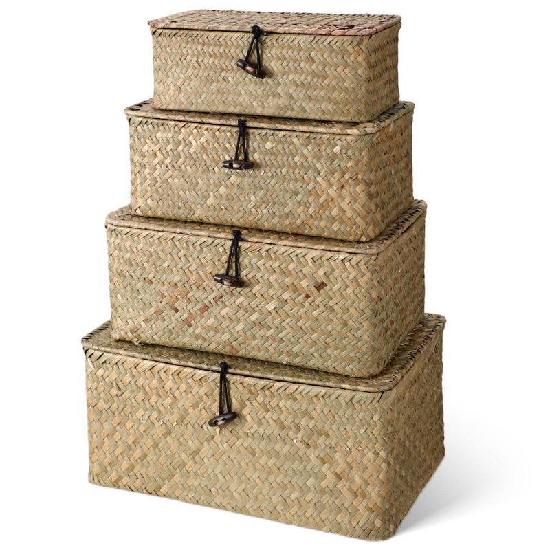 Woanger Set of 4 Wicker Baskets with Lids Nautral Seagrass Storage Baskets Woven Rectangular Basket Bins Rattan Storage Organizer for Shelf Closet BedroomNatural Color - Image 2