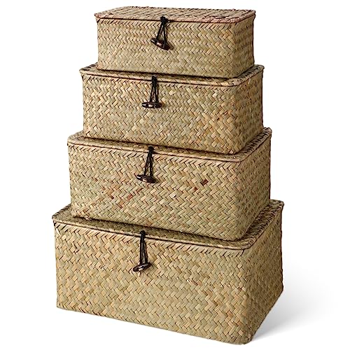 Woanger Set of 4 Wicker Baskets with Lids Nautral Seagrass Storage Baskets Woven Rectangular Basket Bins Rattan Storage Organizer for Shelf Closet BedroomNatural Color - Image 1