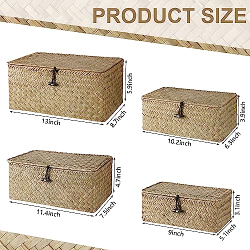Woanger Set of 4 Wicker Baskets with Lids Nautral Seagrass Storage Baskets Woven Rectangular Basket Bins Rattan Storage Organizer for Shelf Closet BedroomNatural Color - Image 3