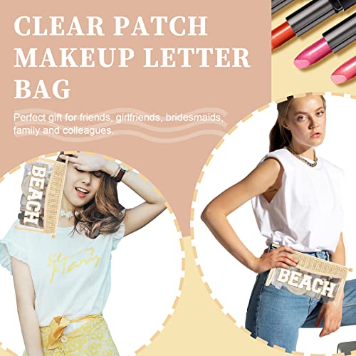 Iqimott Boho Patch Stuff Bag Clear Makeup Letter Bag, Waterproof Zipper Make up Bag Toiletry Pouch, Beach-Beige - Image 5