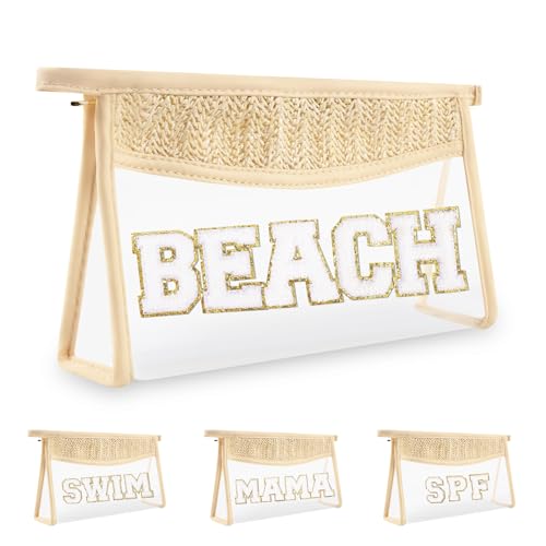 Iqimott Boho Patch Stuff Bag Clear Makeup Letter Bag, Waterproof Zipper Make up Bag Toiletry Pouch, Beach-Beige - Image 1