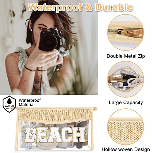 Iqimott Boho Patch Stuff Bag Clear Makeup Letter Bag, Waterproof Zipper Make up Bag Toiletry Pouch, Beach-Beige - Image 3