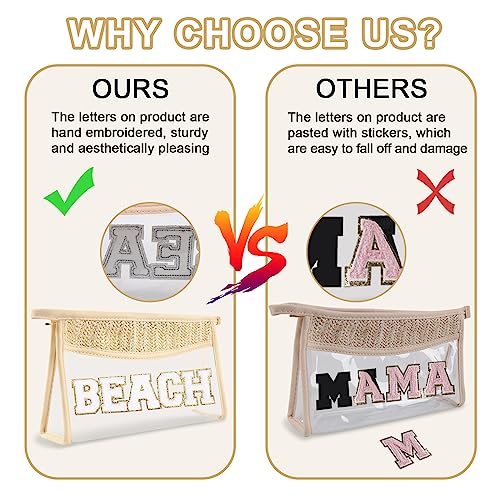 Iqimott Boho Patch Stuff Bag Clear Makeup Letter Bag, Waterproof Zipper Make up Bag Toiletry Pouch, Beach-Beige - Image 4