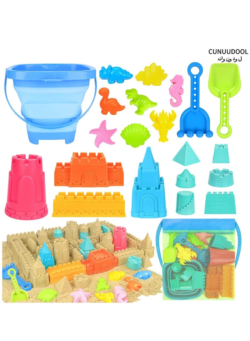 CUNUUDOOL Collapsible Beach Toys for Kids Toddlers, Collapsible Sand Bucket and Shovels Set with Mesh Bag,Travel Sand Castle Building Kit, Sandbox Toys, Foldable Beach Essentials for Toddlers Kids Age 3-10 ﻿ - Image 1