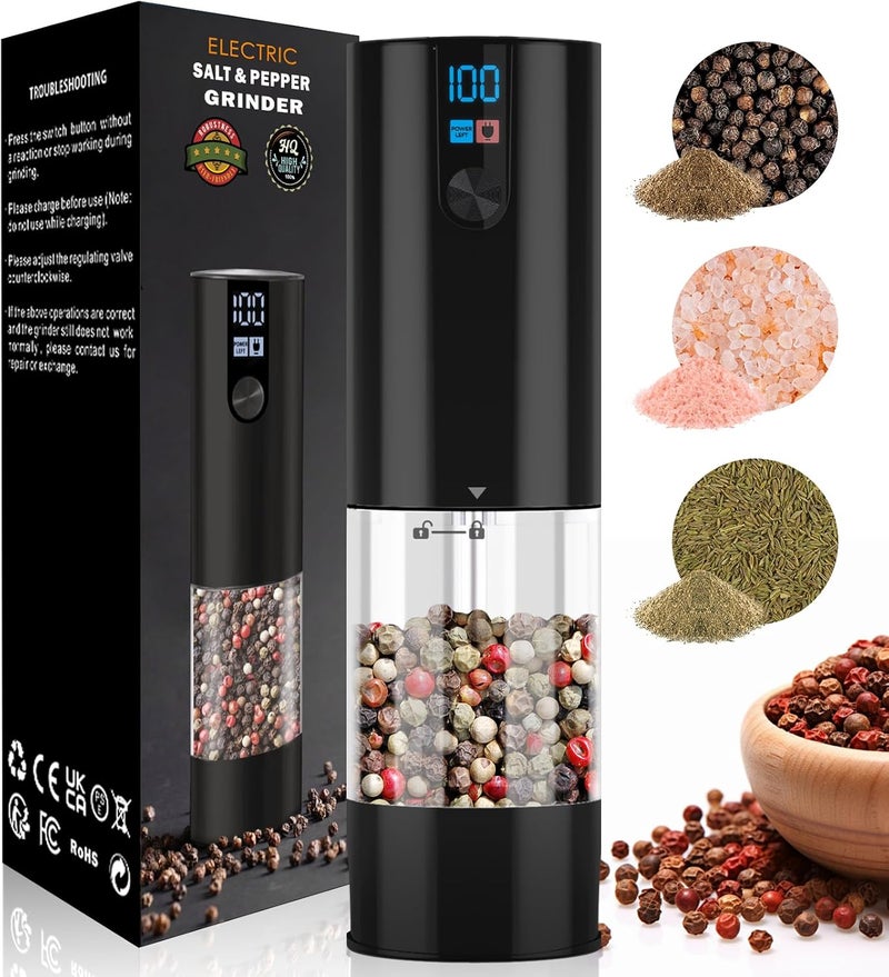 NuvaConx Electric Salt and Pepper Grinder Set, USB Rechargeable, Automatic Salt Pepper Mill Grinder Adjustable Coarseness with LED-Display, 120ml Container, One-Button Control, Suitable for kitchen, restaurant - Image 1