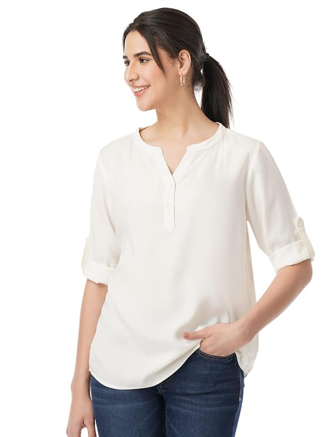 FYLTR Women's Roll -Up Sleeves V-Neck Top - Tops for Women | Shirts for Women | Soft & Comfortable. | Tops for Jeans - Image 1