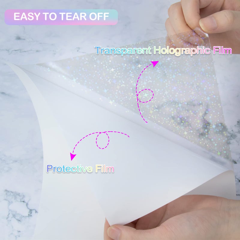 Cosrk 36 Sheets Holographic Sticker Paper Transparent Holographic Laminate Sheets Self Adhesive Glitter Film Laminating Sheets Clear Waterproof Vinyl Overlay for DIY Crafts, 8.5 x 11 inch Star Pattern - Image 3