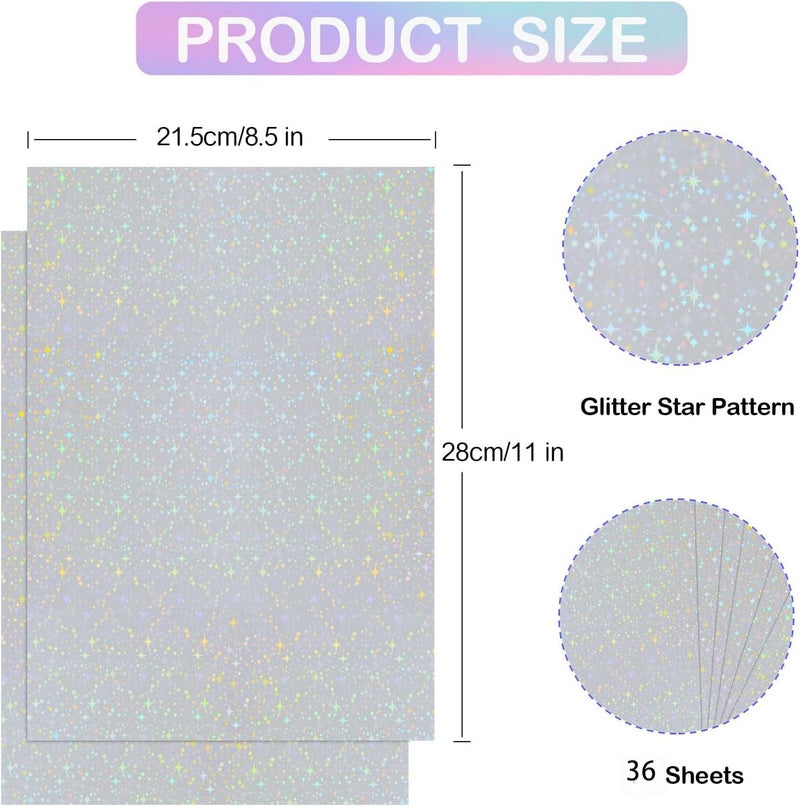 Cosrk 36 Sheets Holographic Sticker Paper Transparent Holographic Laminate Sheets Self Adhesive Glitter Film Laminating Sheets Clear Waterproof Vinyl Overlay for DIY Crafts, 8.5 x 11 inch Star Pattern - Image 2