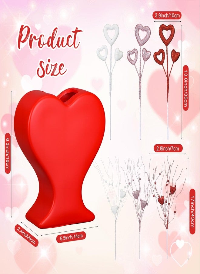 FoldTier 6 Pcs Heart Shaped Picks Valentine's Gifts Table Centerpiece Romantic Glitter Artificial Stem with Ceramic Heart-Shaped Flower Vase for Valentine's Mother's Day Wedding Party Decor - Image 2
