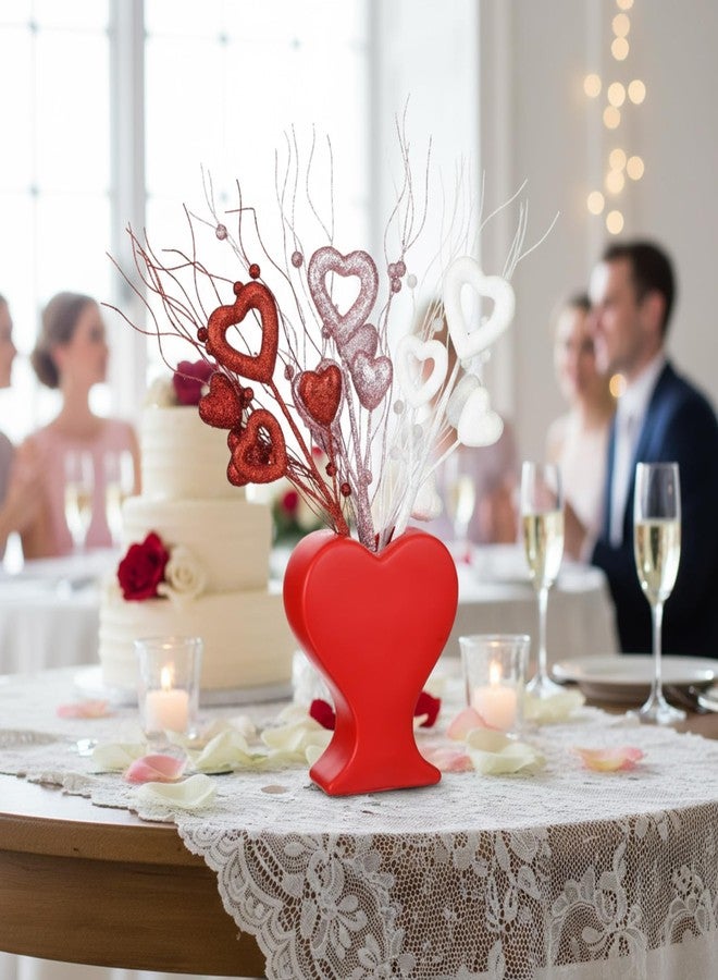 FoldTier 6 Pcs Heart Shaped Picks Valentine's Gifts Table Centerpiece Romantic Glitter Artificial Stem with Ceramic Heart-Shaped Flower Vase for Valentine's Mother's Day Wedding Party Decor - Image 5
