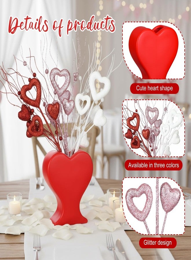 FoldTier 6 Pcs Heart Shaped Picks Valentine's Gifts Table Centerpiece Romantic Glitter Artificial Stem with Ceramic Heart-Shaped Flower Vase for Valentine's Mother's Day Wedding Party Decor - Image 3