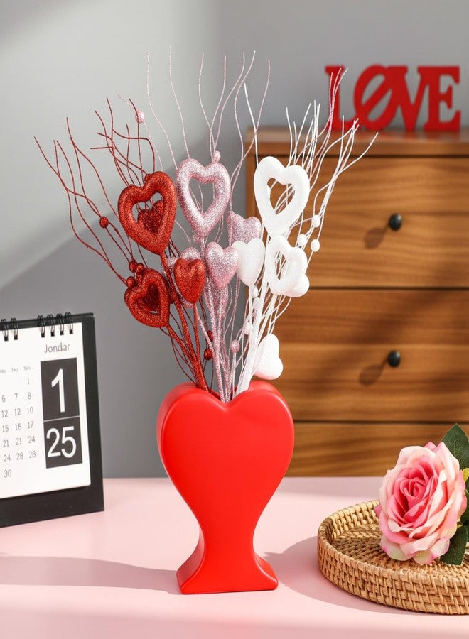 FoldTier 6 Pcs Heart Shaped Picks Valentine's Gifts Table Centerpiece Romantic Glitter Artificial Stem with Ceramic Heart-Shaped Flower Vase for Valentine's Mother's Day Wedding Party Decor - Image 4