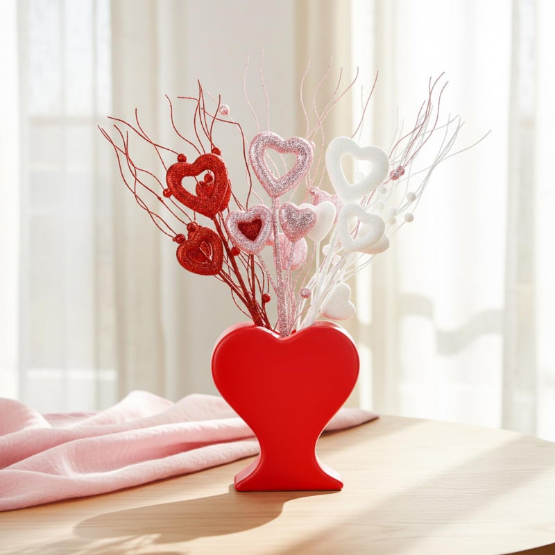 FoldTier 6 Pcs Heart Shaped Picks Valentine's Gifts Table Centerpiece Romantic Glitter Artificial Stem with Ceramic Heart-Shaped Flower Vase for Valentine's Mother's Day Wedding Party Decor - Image 1
