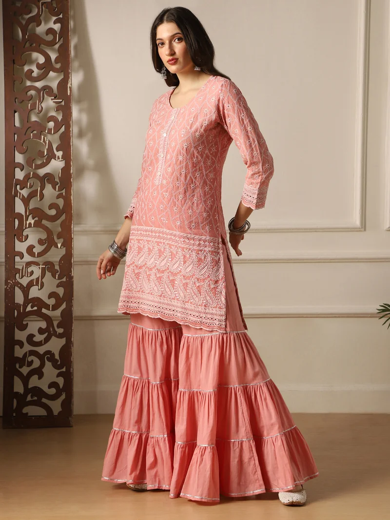 Globus Women Pink Round Neck Sequinned Detail Scalloped Hem Straight Chikankari Kurta & Sharara Festive Set