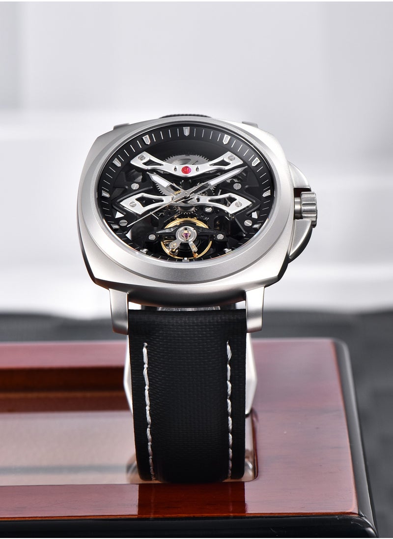 PAGANI DESIGN Men's Automatic Mechanical Watches, PU Leather Strap, Synthetic Sapphire Glass Watch Window, 40MM Stainless Steel Dial, Silver-Black Hollow Dial, PD YS017  - Image 5