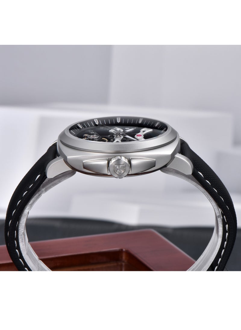 PAGANI DESIGN Men's Automatic Mechanical Watches, PU Leather Strap, Synthetic Sapphire Glass Watch Window, 40MM Stainless Steel Dial, Silver-Black Hollow Dial, PD YS017  - Image 4