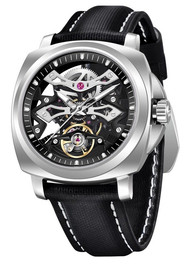 PAGANI DESIGN Men's Automatic Mechanical Watches, PU Leather Strap, Synthetic Sapphire Glass Watch Window, 40MM Stainless Steel Dial, Silver-Black Hollow Dial, PD YS017  - Image 1