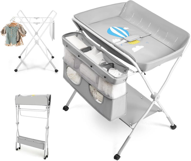Portable Baby Changing Table with Wheels, 3-Level Adjustable Heights Folding Diaper Changing Station with Nursery Organizer&Large Storage Racks for Newborns&Infants - Image 1