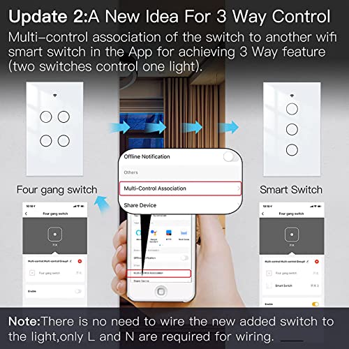MoesGo WiFi Smart Wall Light Switch,Glass Panel, Multi-Control(3 Way), 2.4GHz Wi-Fi Touch Switches, Neutral Wire Required, Remote Control Smart Life/Tuya App, Work with Alexa, Google Home White 4 Gang - Image 4