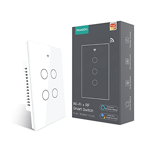 MoesGo WiFi Smart Wall Light Switch,Glass Panel, Multi-Control(3 Way), 2.4GHz Wi-Fi Touch Switches, Neutral Wire Required, Remote Control Smart Life/Tuya App, Work with Alexa, Google Home White 4 Gang - Image 1