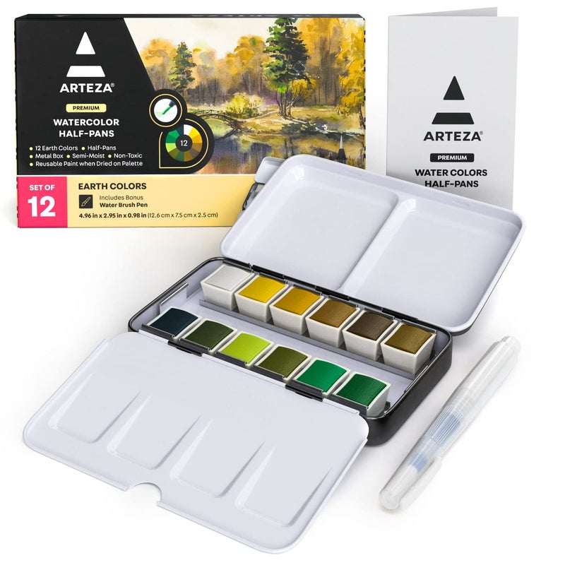 ARTEZA Watercolor Paint Set, 12 Earth Tones Half Pans, Watercolor Set with Brush, Semi Moist Water Colors - Image 1